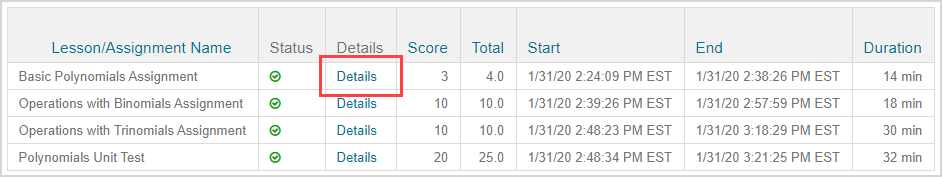 The "Details" link, if available, is listed in the third column of each attempt listed in the table of the View Panel table in the Gradebook.